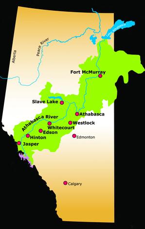 Map of Athabasca River Basin within Alberta