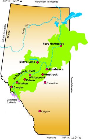 Map of Athabasca River Basin within Alberta