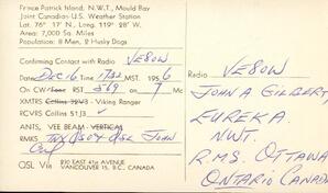 VE8PB QSL, first contact with Jim Jung's new call (reverse)