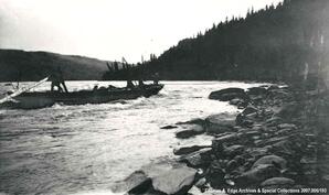 Boat at a shoreline, [Alberta].
