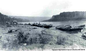 Boats on a shoreline, [Alberta].