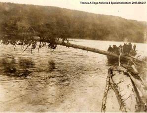 Boat full of men beside a tree which has fallen over the water. There is a rope tied to the fallen tree. This angle of the image is from upstream, [Alberta].