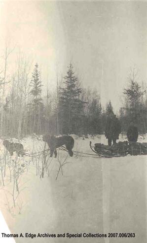 One man and a boy standing beside a dog sled, Fort Chippewyan. Note on the back reads: ""Keeping the homefires burning; Dad and I bringing home a load of wood 1908 Chippewyan"".
