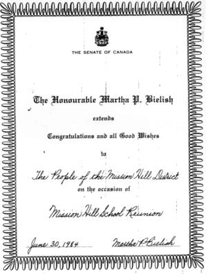 Congratulations from the Honourable Martha P. Bielish to the alumni attending the Mission Hill School District No. 4585 reunion, Edmonton, Alberta.