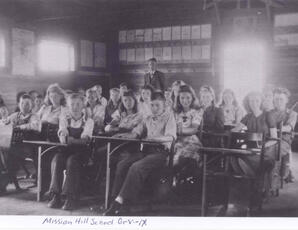 Andrew Skuba (teacher) and students (grades 5-9) at Mission Hill School District No. 5685, held in the the Hollow Lake Hall, Hollow Lake, Alberta. Albert Karvonen is in the front row, second from left.