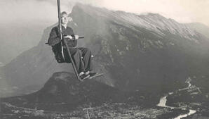 Albert Karvonen on a ski lift in Banff, Alberta.