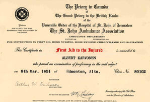 St. John's Ambulance certificate for First Aid to the Injured awarded to Albert Karvonen, Edmonton, Alberta.