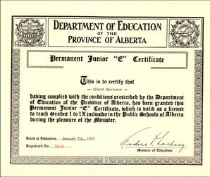 Permanent Junior ""C"" Certificate to teach grades one to nine in the Public Schools of Alberta awarded to Albert Karvonen, Edmonton, Alberta.