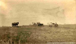 Men plowing a field with two horse drawn carts, two other horse standing alone, [Alberta].
