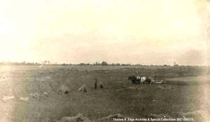 One man in a field with plow cart drawn by four horses, [Alberta].