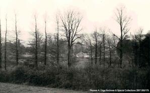 View of a farm through trees, [United Kingdom]. Note on back reads: "[Stonewall?] Farm taken from the hill on which the Rectory stands above the church."
