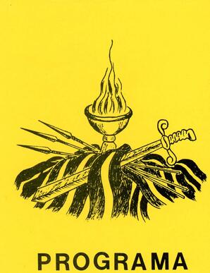 Black & White Illustration of Torch with Eternal Fire/Latvian National Flag draped over sword and three arrows