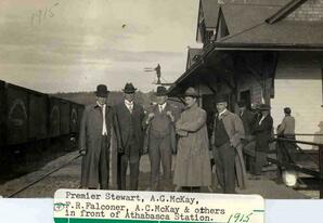 Premier Stewart, A.G. McKay, F.R. Falconer, A.C. McKay, and others in front of Athabasca Station