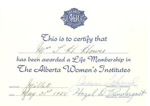 Life Membership Certificate of Mrs. Ruth Howes