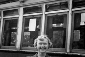 Mufty Mathewson in Front of Viennese Trolley