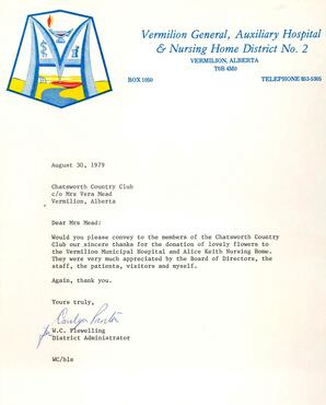 Letter From the Vermilion General, Auxiliary Hospital & Nursing Home District No. 12