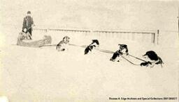 Portrait of two people with a dog sled. One person is sitting in the sled and one is standing behind the sled. There are four dogs on the sled team, [Alberta]. Note on the back reads: ""unknown.""
