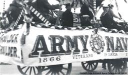 Army and Navy Veterans in a wagon with Canada 1866 on the side, [Alberta].